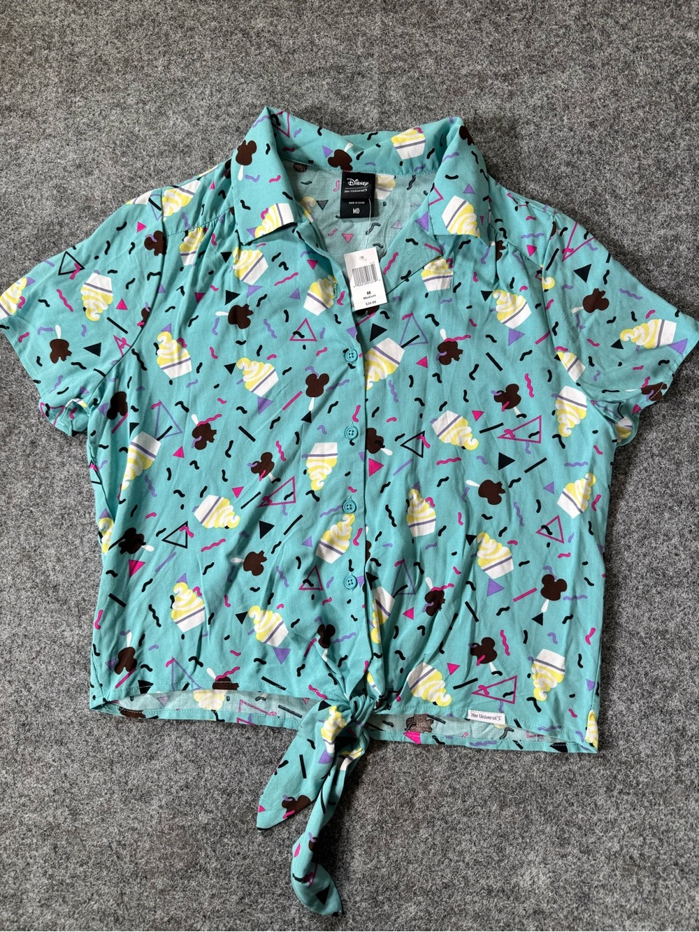 Disney Parks Dole Whip Mickey Mouse Tie Front Button Up Shirt Womens Medium NWT‎